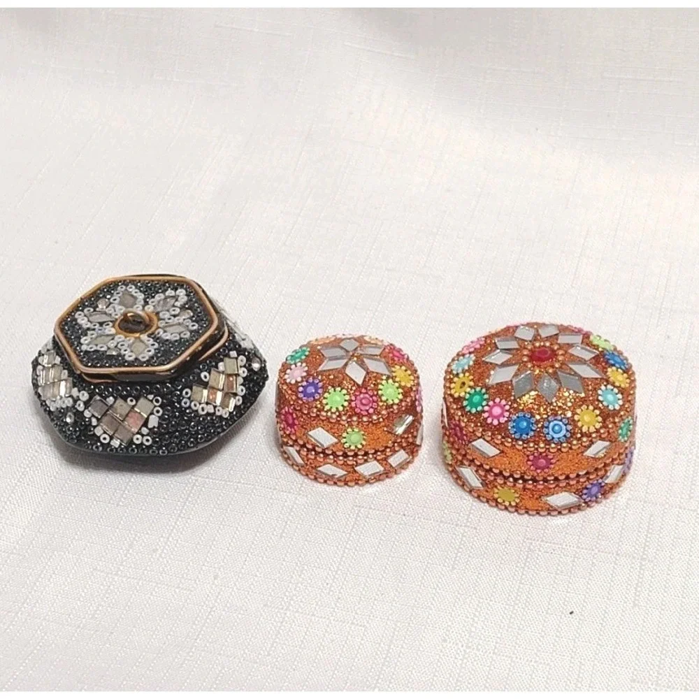 Hand Made Mosaic Beaded Bejeweled Tin And Wood Jewelry Trinket Boxes Lot Of 3